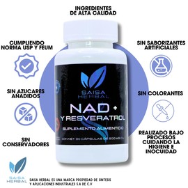 Nad 60 Cápsulas Nicotinamida Adenina Dinucleótido + Resveratrol Calidad Premium SAISA HERBAL