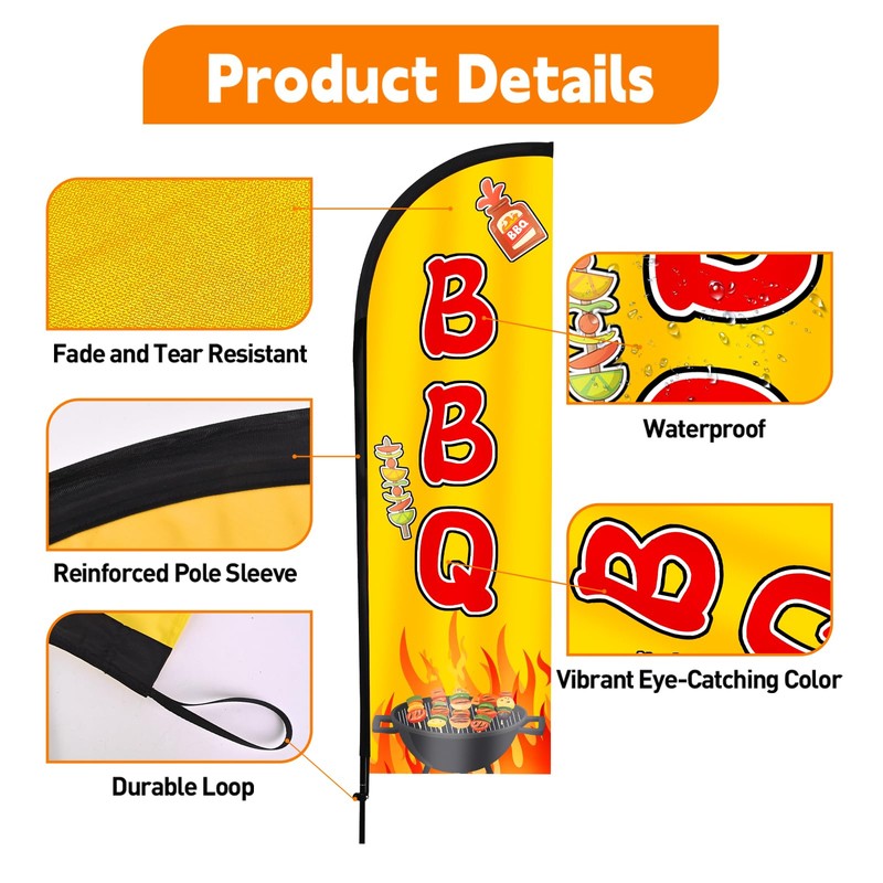 BBQ Feather Flag, 8.2ft BBQ Sign with Aluminum Pole and