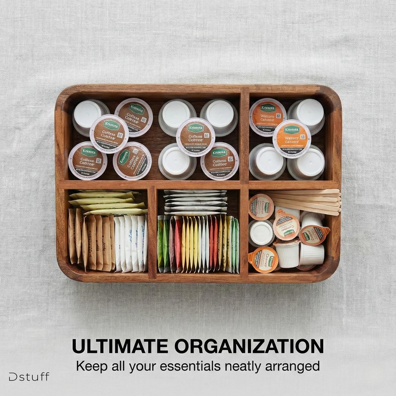 Dstuff Acacia Wood Coffee Station Organizer for Countertop, Tea Organizer