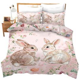Cute Rabbit Bedding Set Bunny Decor Duvet Cover Animal Pattern Comforter Set Soft Breathable Quilt Set for Girls Boys Kids Teenagers Adults Men Women with 2 Pillowcases for All Season Twin Size