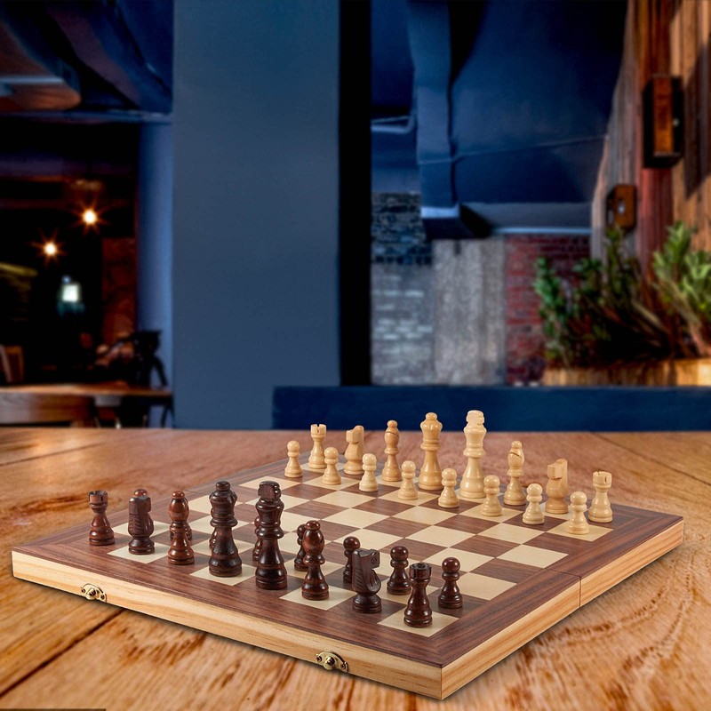 AMEROUS 15'' Wooden Chess & Checkers Set, 2 in 1