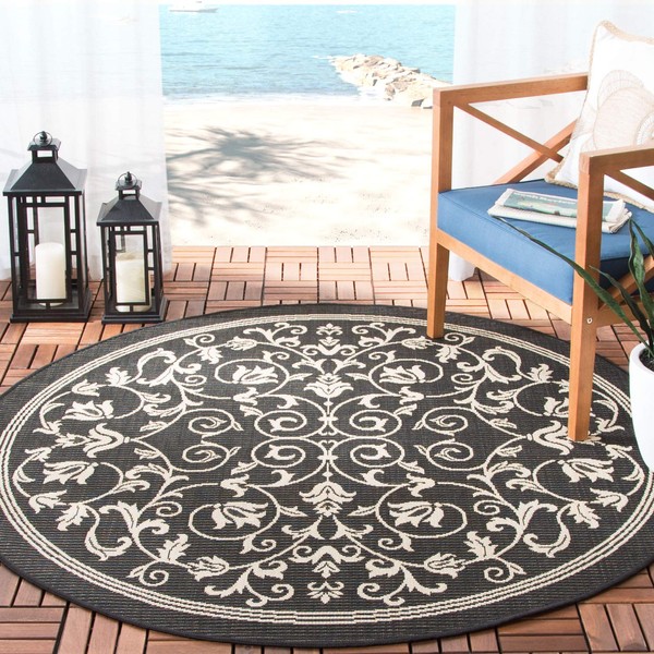 Safavieh Courtyard Collection CY2098 Scroll Indoor/ Outdoor Area Rug, 6'7" x 6'7" Round, Black / Sand
