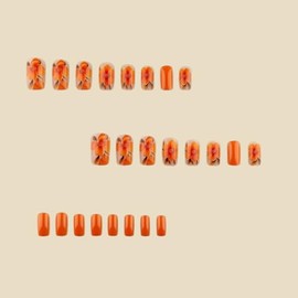 Uñas postizas cortas cuadradas con estampado floral naranja para verano, acrílicas, de cobertura total, adhesivas para mujer, brillantes, reutilizable