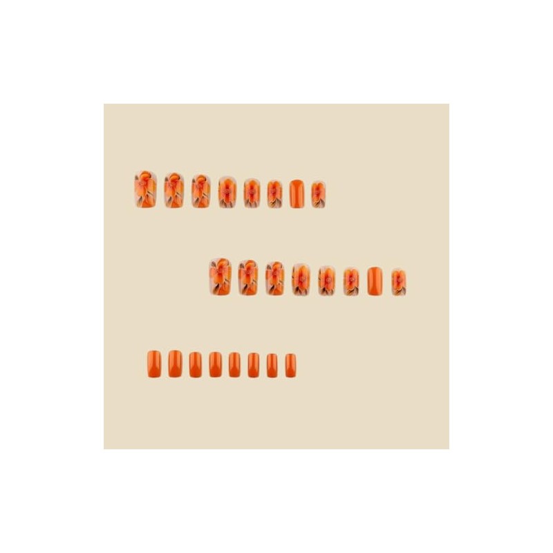 Uñas postizas cortas cuadradas con estampado floral naranja para verano,