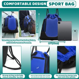 STAY GENT Drawstring Basketball Backpack for Boys & Girls, Soccer Foldable Football Volleyball Bag Sackpack Sports Sack with Detachable Ball Mesh Bag for Gym Baseball Yoga, Blue