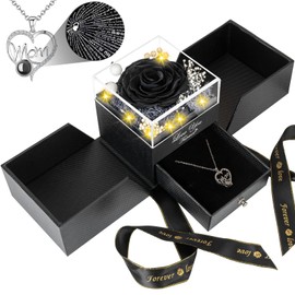 Gifts for Mom from Daughter and Son, Unique Mother Birthday Gift Idea, Preserved Black Real Roses with I Love You in 100 Languages Mom Necklace, Cool Present to Mother Mama on Valentine's Day-Black