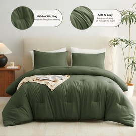 CozyLux Olive Green Comforter Set King Size, 3 Pieces Solid Breathable Quilted Style Bedding Sets, Dark Olive Green Luxury Fluffy Soft Microfiber Comforter for All Season (1 Comforter & 2 Pillowcases)