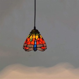 6 Inch Mini Pendant Lamp, Tiffany Style Red Dragonfly Stained Glass Lampshade Pendant Light 1-Light Ceiling Hanging Light Fixture for Corridor Aisle Cafe