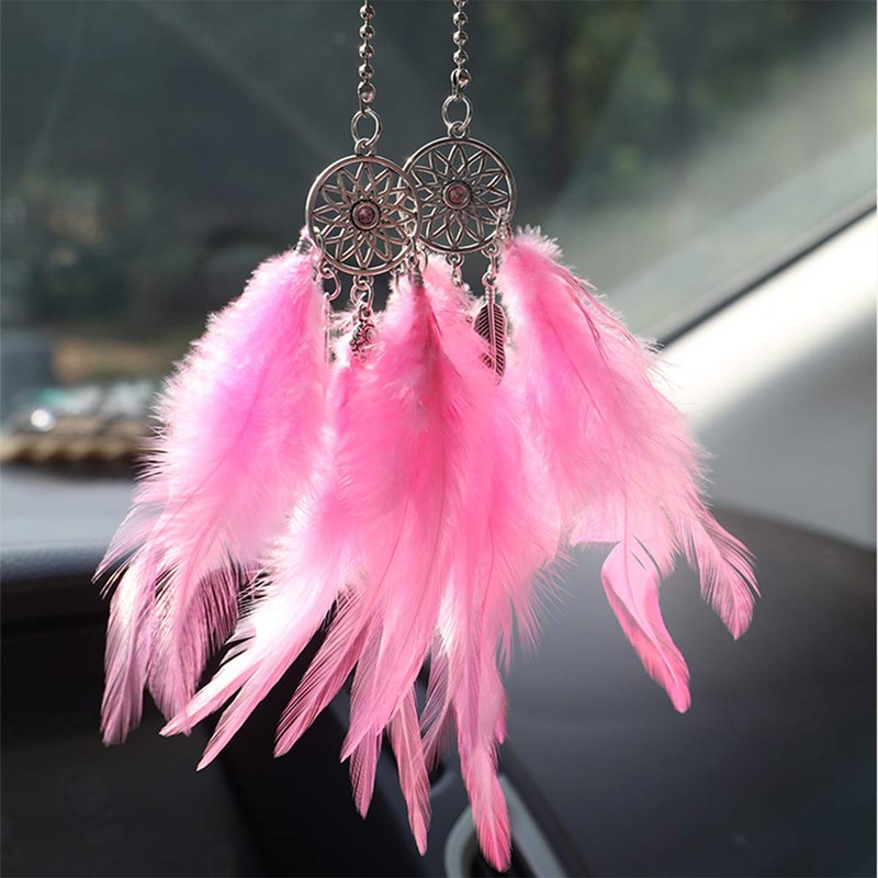 Car Rear View Mirror Hanging Pendant, Feather Dream Catcher Crystal