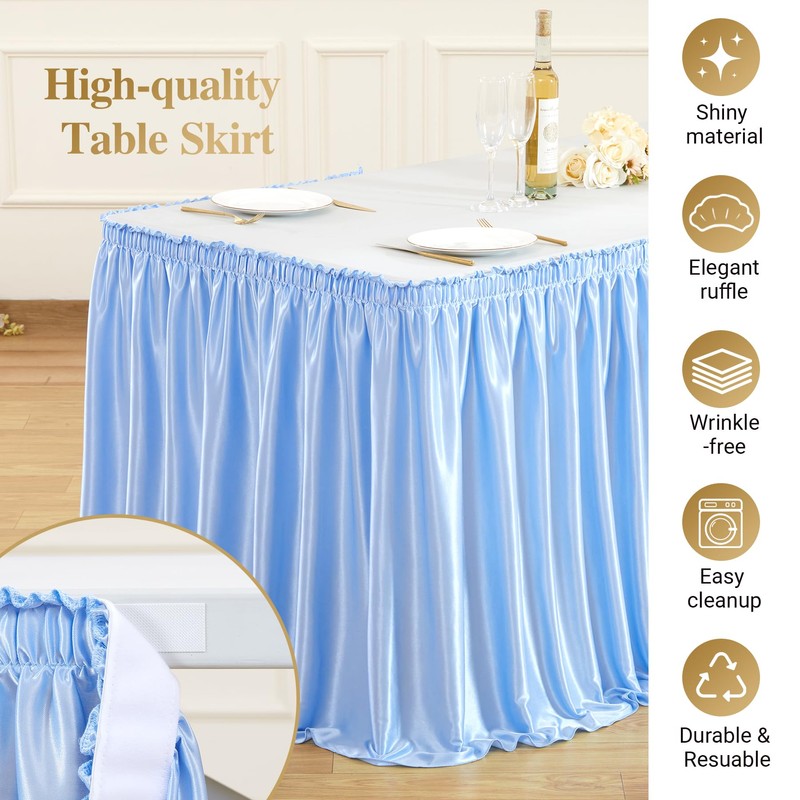 6Ft Baby Blue Satin Table Skirt for Rectangle or Round