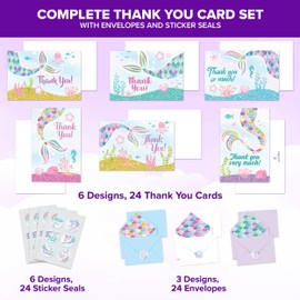 Decorably 30 Pack Glittery 4.9x3.5in Mermaid Thank You Cards with Envelopes & Stickers, 6 Adorable Designs for Kids & Adults, Blank Inside - Baby Shower, Kid's Theme Party, Birthday, Gifting, Mailing