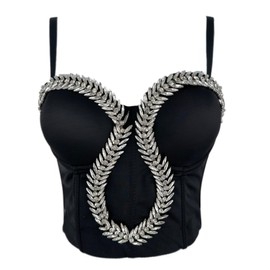 ELLACCI Women's Padded Cups Snake Diamond Detail Club Party Corset Bra with Detachable Straps Black Large