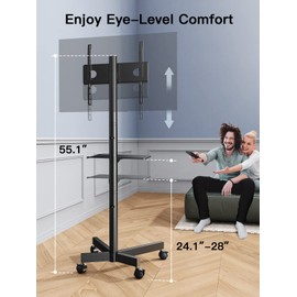 PERLESMITH Rolling TV Stand on Wheels for 23-60 Inch Flat Curved Screen TVs, Mobile TV Cart Height - Adjustable with Shelf/Tray, Portable TV Stand Holds up to 55 lbs, Max VESA 400x400mm, PSTVMC04