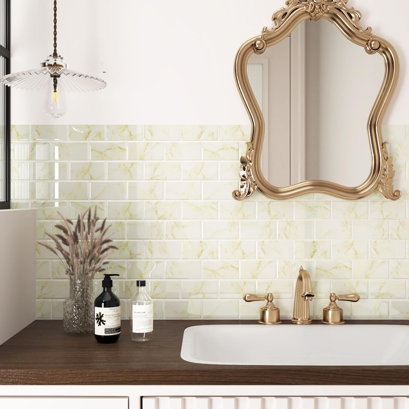 Wallercity Glossy Marble Beige/Yellow Peel and Stick Backsplash for Kitchen