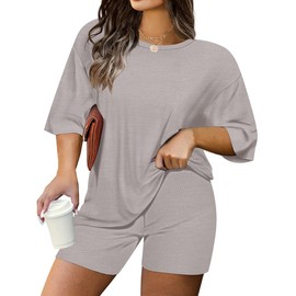 TIYOMI Plus Size 2 Piece Outfits Short Sleeve 4X Round Neck Lounge Workout Biker Short Sets Outfits Pajamas Maternity Spring Summer Short Sets Grey 4XL