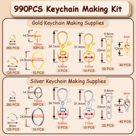 990 PCS Keychain Making Kit, Jewelry and Keychain Making Supplies Including Lobster Clasps, Split Ring, Extender Chain and Jump Rings for Jewelry Making, Crafts and DIY Projects