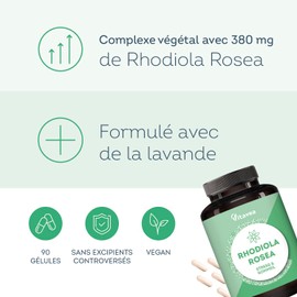 Rhodiola Rosea Capsules - High Dose 1520 mg Rhodiola Extract 4:1 - With Lavender - 90 Capsules - Vegan, Laboratory Tested, No Additives - Vitavea