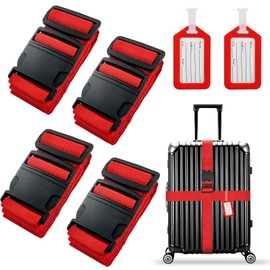 Pack of 4 Luggage Straps, Includes 2 Luggage Tags with Address Label, Cross Luggage Strap, Practical Luggage Strap, Adjustable Travel Belt with Buckle, Suitcase Packing Belt, Travel Accessories (Red)