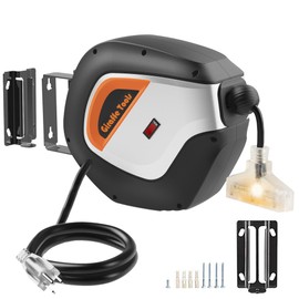 Giraffe Tools DE14 Retractable Extension Cord Reel 50 ft 14/3AWG Power Cord Storage Reel Wall/Ceiling Mount, Lighted Triple Tap Outlet, 50ft, Black Orange
