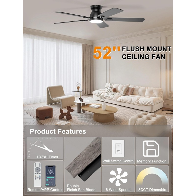 Ohniyou 52'' Low Profile Ceiling Fan with Lights, Remote/APP Control,