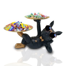 Huhote Resin Bulldog Tray Statue, Lying Bulldog Candy Dish Key Holder Bowl, Bulldog Accessories, Statues for Office Desk Home Decor Figurines Entryway Table Decor (Black)