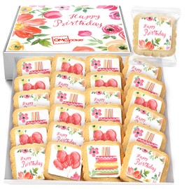 Happy Birthday Cookies Party Favors For Women Girls Her | Individually Wrapped | Bulk 24 Pack | Decorated Sugar Cookie Floral Flowers | Gift Basket Peanut & Tree Nut Free