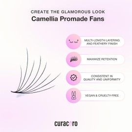 Curacoro Camellia Promade Fans - Handmade Volume Promade Eyelashes Fans 6D to 8D, CC Curl, Thickness 0.05~0.07mm, 7-14mm Mix Lengths, Professional Long-Lasting Promade Lash Fans