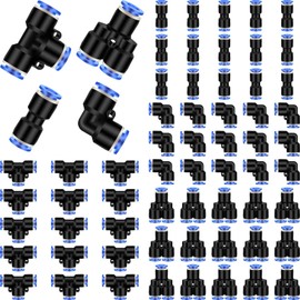 Hotop Push to Connect Fittings Air Line Pneumatic Fittings Kit Quick Release Pneumatic Connectors Air Line Splitters Elbows Tee Straight Tubes(60 Pcs,Blue,1/4 Inch Od)