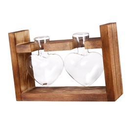 CIYODO 2pcs Heart Shaped Glass Vases with Wooden Stand for Hydroponics Planter Decorative Plant Container for Tulips Unique Retro Design for Home Decor