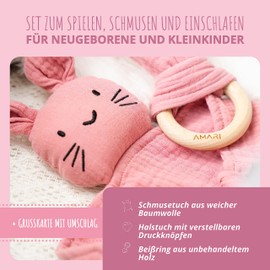 Amari ® Comforter (Pink Rabbit) with Teething Ring and Bib, Birth for Boys and Girls - Baby Gift Newborn - Cuddle Blanket Baby Gifts Set for Baby Shower