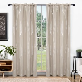Deconovo Blackout Back Tab Silver Curved Wave Pattern Printed Curtains, Light Beige, 52W x 84L