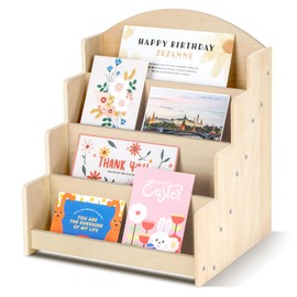 PUERSI Greeting Card Display Stand, Wooden 4-Tier Postcard Display Stand Holder for Sticker, Vendors, Retail Stores, Beige