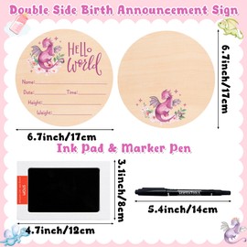 R HORSE Baby Birth Announcement Sign with Marker Pen, Pink Dragon Baby Name Sign with Ink Pad for Hand and Footprints, Wooden Hello World Newborn Announcement Nursery Decor Keepsake Gifts