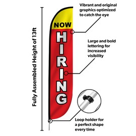 LookOurWay Feather Flag Set, 12 ft Advertising Flag with Poles and Ground Spike for Business Promotion, Now Hiring (10M1200298GSet)