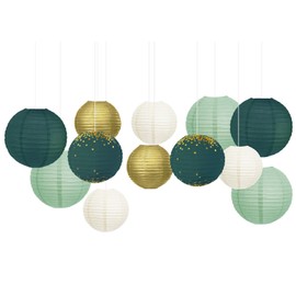NICROLANDEE Wedding Party Decorations - Pack of 12 Green Gold Hanging Paper Lanterns for Rustic Style Spring Decor Bridal Shower Baby Shower Birthday Eucalyptus Neutral Party Decor