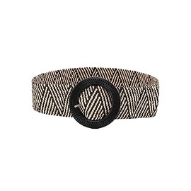 Verdusa Women's Round Buckle Elastic Straw Belts Boho Waist Belt Black Beige 90