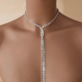 Rhinestone Y Lariat Long Necklace，Silver Gold Crystal Backdrop CZ Lariat Tie Up Necklace for Women and Girls Nightclub Body Chain Jewelry, Zinc, No Gemstone