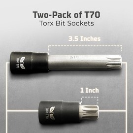 T70 Torx Socket - 1/2 Drive - 2 Pack Includes 3.5" Long Bit & 1" Bit - Industrial Grade S2 Alloy Steel