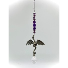 Rear View Mirror Dragon Amethyst Car Charm,Silver Dragon Sun Catchers,Pewter Dragon Window Sun Catcher,Window Ornament Suncatcher,Rear View Mirror Car Charm