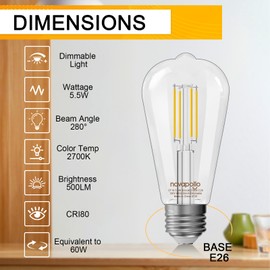 novapollo Edison Light Bulbs 5.5W,60W Equivalent Dimmable Vintage LED Light Bulbs,500LM E26 Medium Base Soft White 2700K LED Bulb,ST19 80+ CRI Decorative Filament LED Bulb,Clear Glass,12 Pack