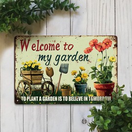 Seeyoo Welcome to My Garden Tin Sign Vintage Metal Sign Flowers and Tools Gardening Gifts Decorations for Home Greenhouse Living Room Bedroom Yard Backyard Outdoor Decor 8X12 Inch