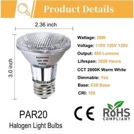 PAR20 Flood 39W 120V 480 Lumens- 2 Pack PAR20 Flood Light Bulbs with E26 Base, PAR20 Dimmable 2800K Warm White, Long Lasting 39W PAR20 Bulb for Recessed Lighting & Hood Range Light Bulbs