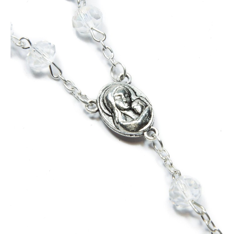 Glass Crystal CLEAR BEADS With SILVER PLATED ROSARY CROSS and