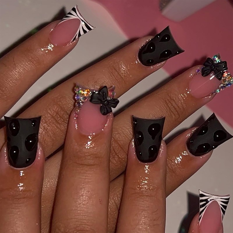 Calkkrer 24 Stück Kurze Schwarze Press on Nail, Kunstnägel, Französische