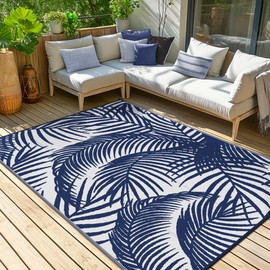 GENIMO Outdoor Rug 5' x 8' Waterproof for Patio Clearance, Reversible Plastic Straw Camping Carpet, Large Area Rugs Mats for Rv, Backyard, Deck, Porch, Picnic, Beach, Balcony, Blue & White