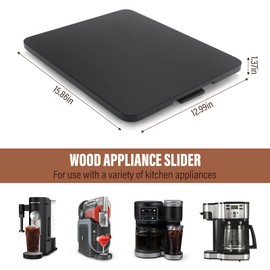 Appliance Slider for kitchen appliances, Quiet 360° Rolling Tray Wooden Sliding Tray Coffee Maker Mat for Countertop, Kitchen Storage Coffee Pot Slider, Rubber Wheels, Black (Deep-13"D×15.8"W)