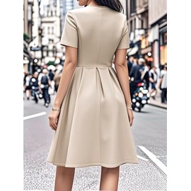 oxiuly Dresses for Women 2025 Summer Business Casual Office Work Professinal Classy Short Sleeve Pleates High Waist A Line Scope Neck Vintage Dress S253 Beige Solid S