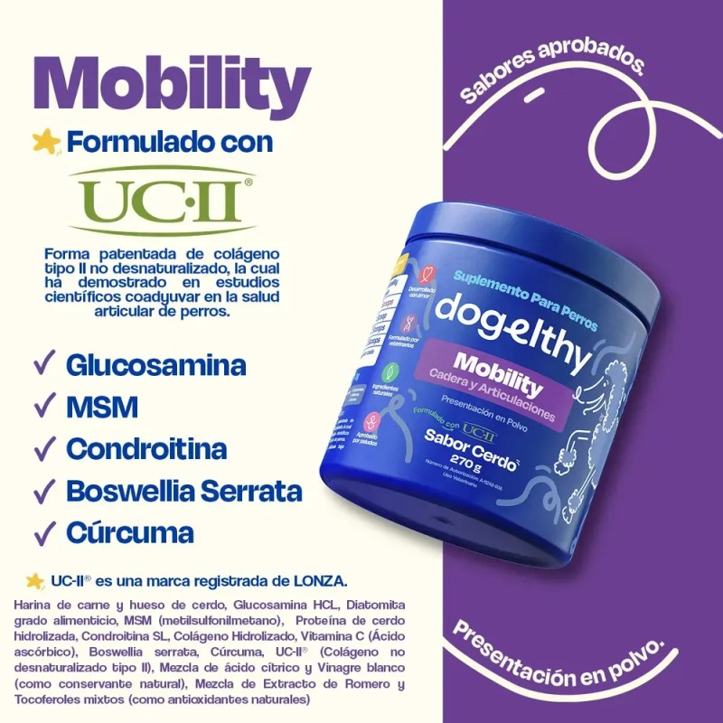 Suplemento Condroprotector Dogelthy Mobility para Perros, con Glucosamina y UC-II,