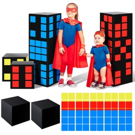 AmazingSpark 42 Pcs 11.8 Inch DIY Hero Party Decorations Include 12 Black Boxes 30 Red Blue Yellow Sticker City Skyline Building Centerpiece Hero Theme Birthday Decoration Treat Box for Birthday Party
