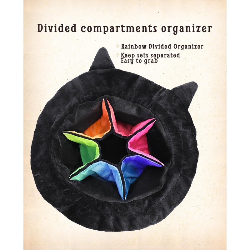 ANZOME Dice Bag, Black Cat Velvet Pouch with 7 Dividers,